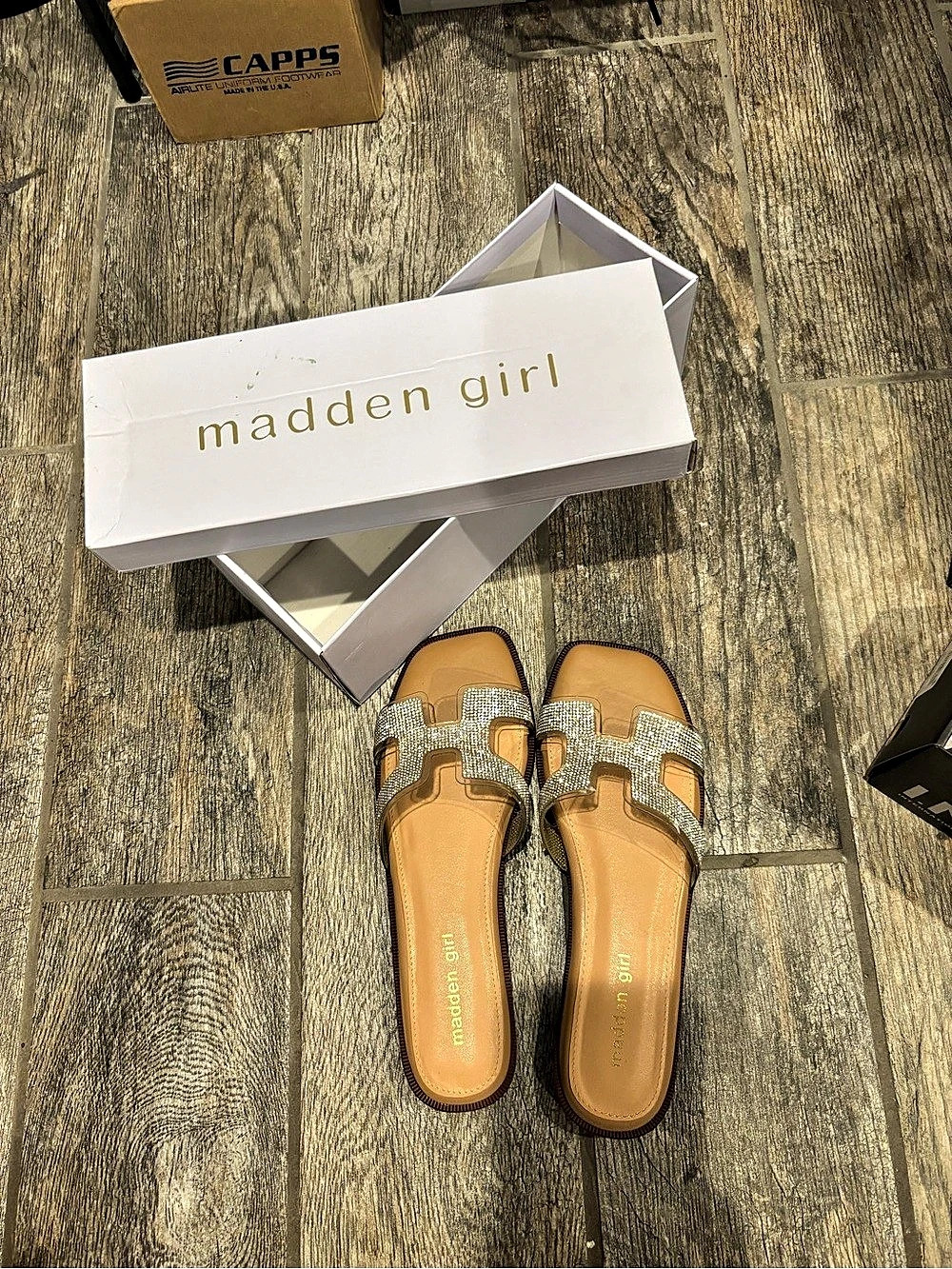 Madden Girl Hailey-R Rhinestone Slide Sandals Brown & Silver US 9